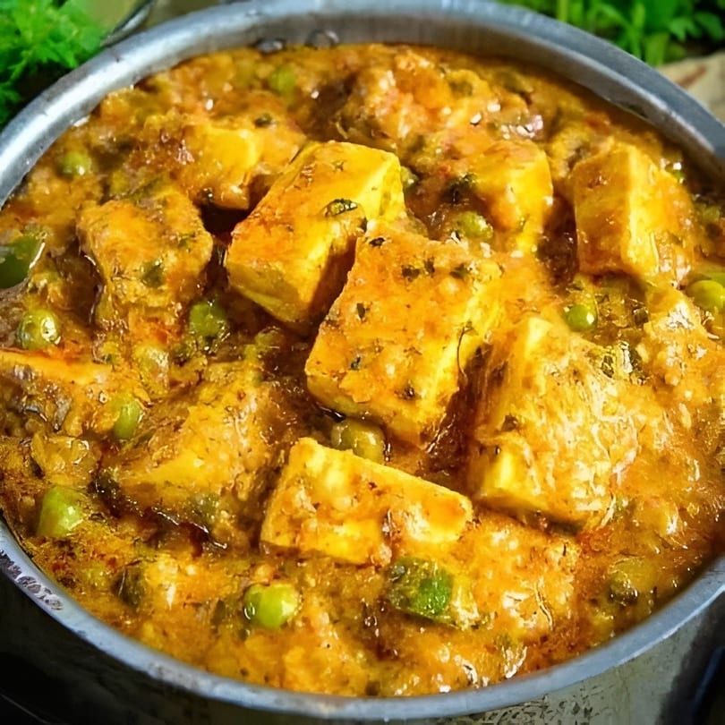Close-up of vibrant paneer and green pea curry in a metal pot.