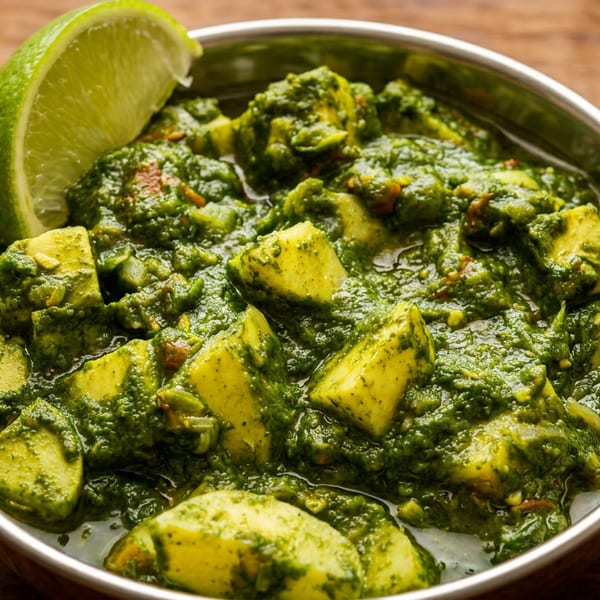 Palak Paneer, a vibrant green Indian dish with paneer cheese cubes, served in a metal bowl with a lime wedge.
