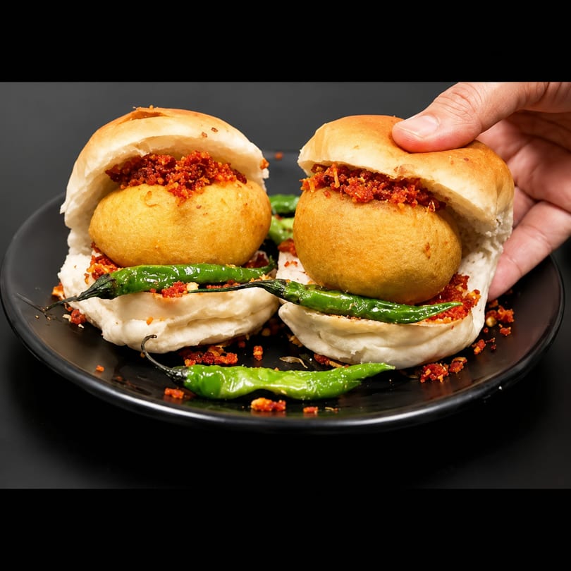 Two vada pavs with green chilies and red spice on a black plate, one held by a hand.